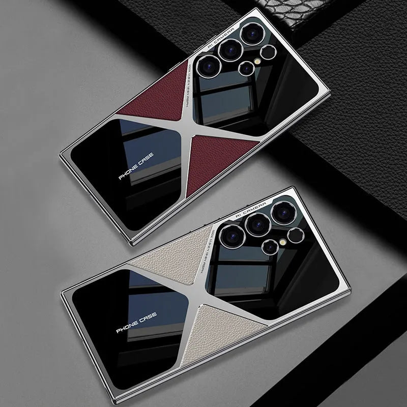 Cool Design Electroplated Leather Spliced Protective Shell for Samsung Galaxy S25~23Ultra