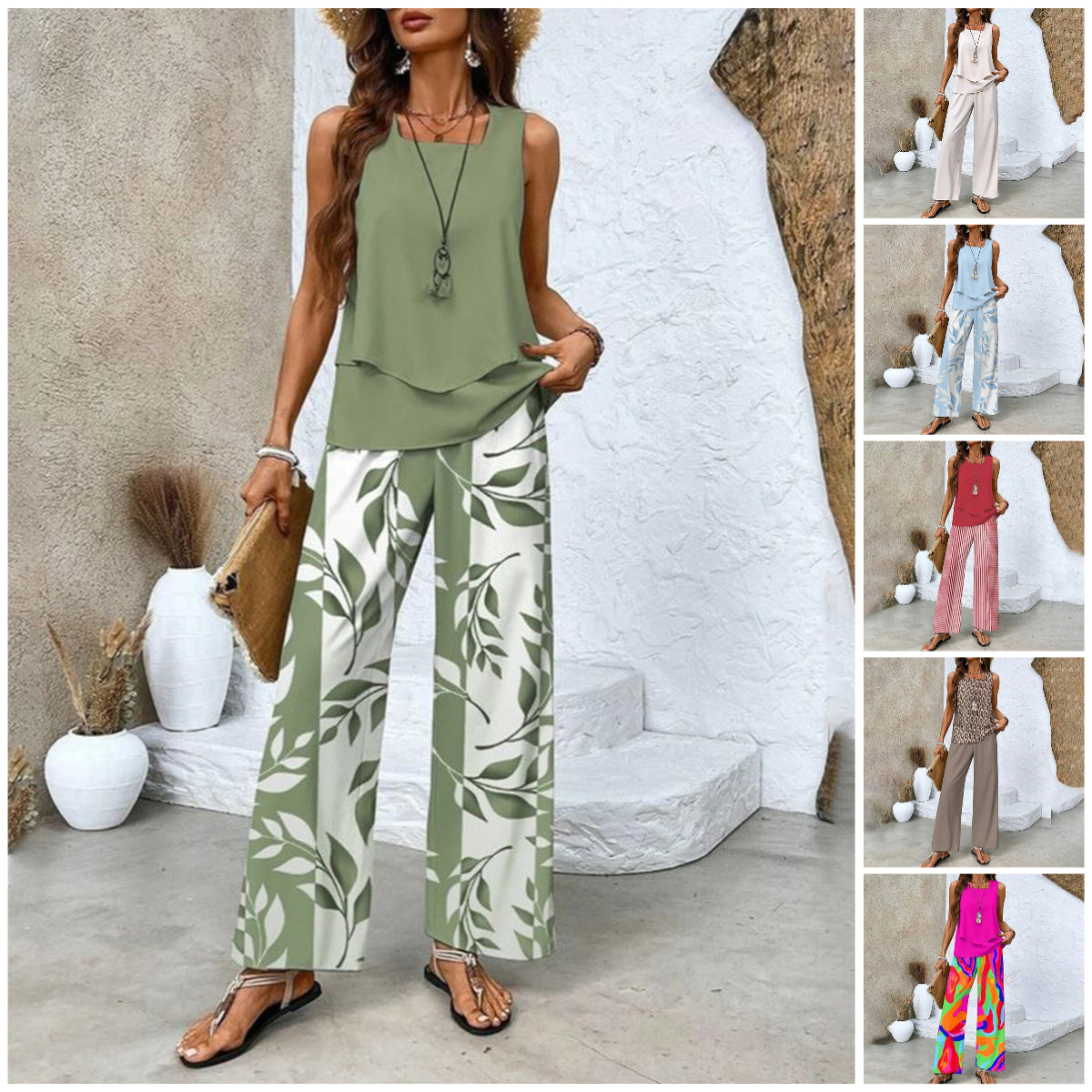 🔥 Hot Sale 49% OFF! 🌺 Women’s Trendy Print 2-Piece Outfit – Sleeveless Top & Pants Combo!"