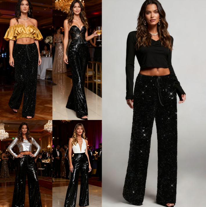🎄🎁Christmas Sale 40% OFF🥰Women's Sequin Sparkle Wide Leg Pants with Elastic Waistband