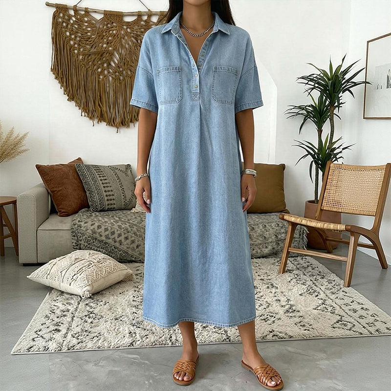 ๐ 60% OFF NOW! ๐ Casual Pocket Denim Midi Shirt Dress โ Soft denim & relaxed fit โ Functional pockets, perfect for everyday casual โ comfortable and versatile โจ๐ธ