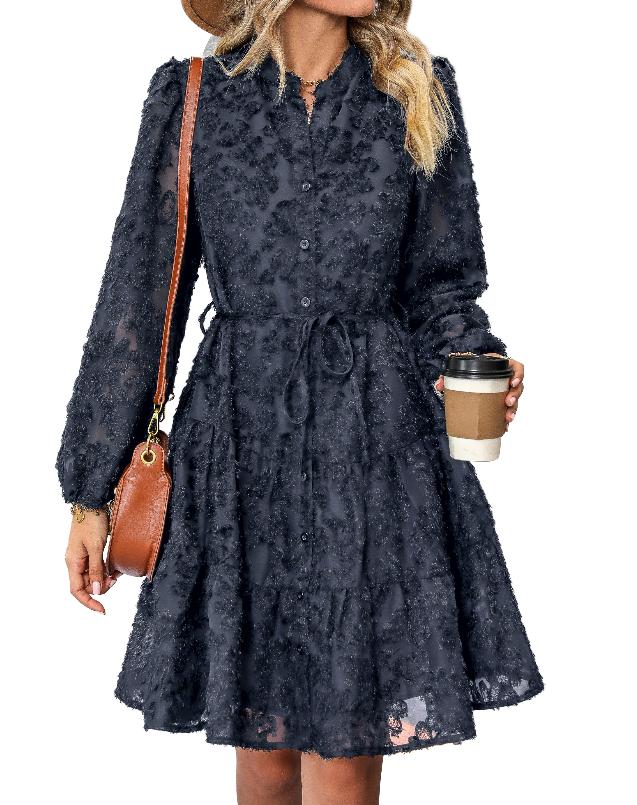 Women's Long Sleeve Lace Jacquard Printed Dress