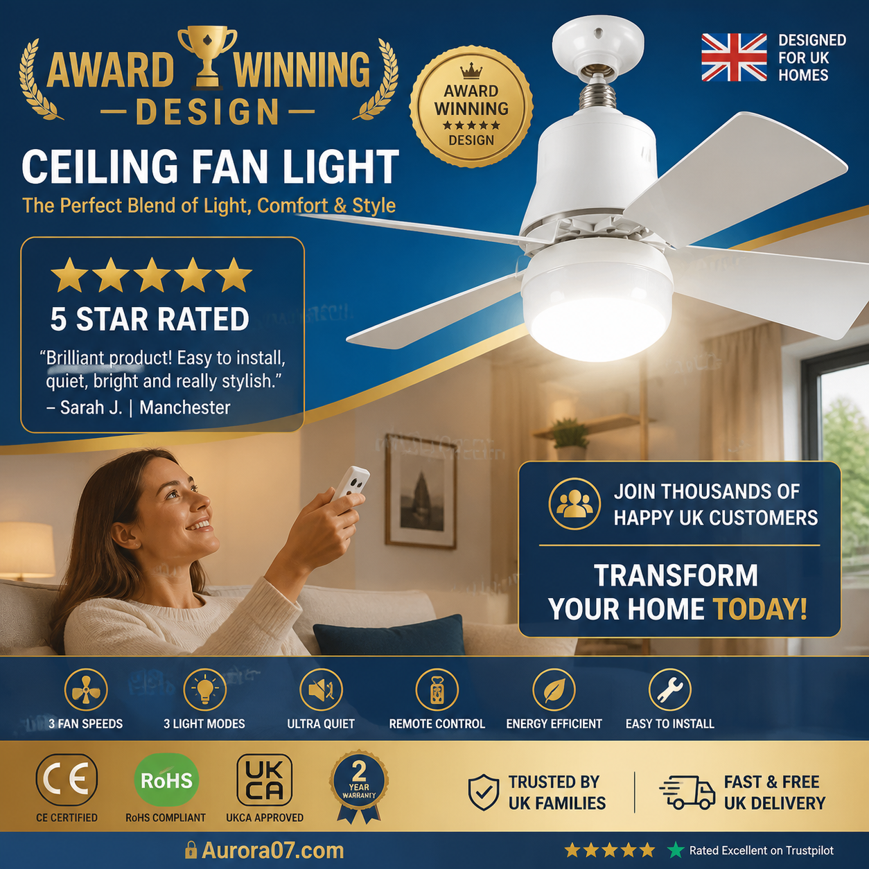 🏆LAST DAY SALE 49% OFF🔥SmartBreez™ 40W LED Ceiling Fan Light – 20.5” Ultra-Quiet with Remote 🎯 | E27 + FREE B22 Adapter 🔌 | For Bedroom 😴, Kitchen 👩🍳 & Garage 🛠️ – UK Ready! 🇬🇧