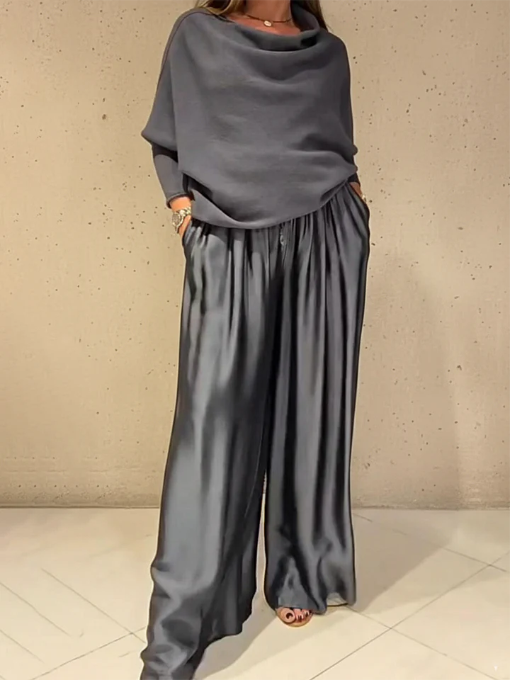 🔥Limited-time offer-Elegant Off-shoulder Sweater and Satin Wide-leg Pants Two-piece Suit