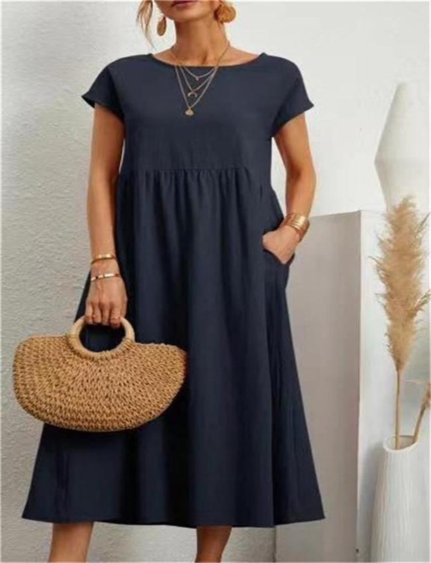🔥Today 50% Off🔥Fashion Solid Color Cotton Linen Pocket Dress