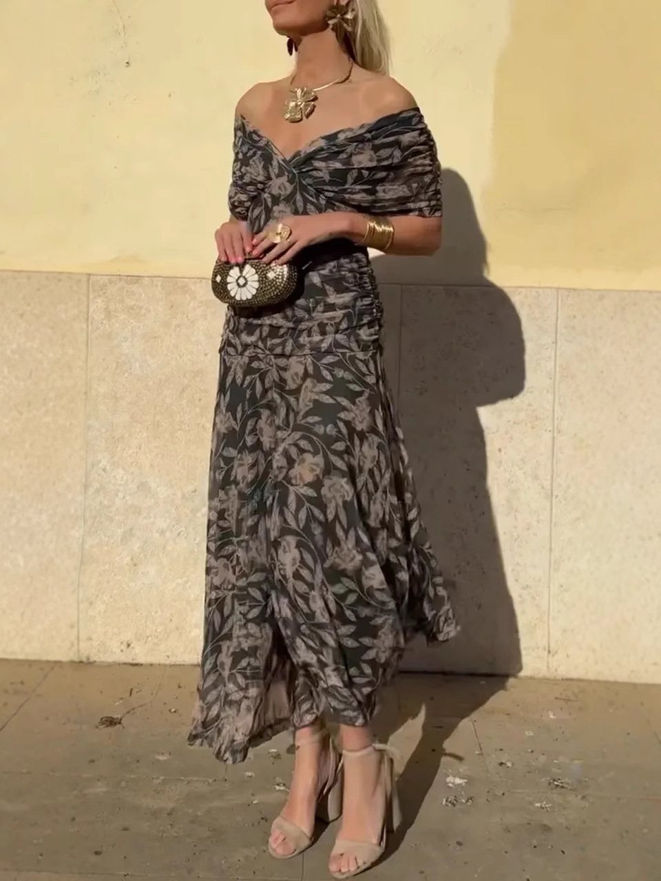 Women's Off-the-shoulder V-neck Printed Dress