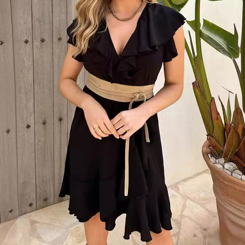 Women's Elegant Waist Tie V-Neck Ruffle Dress