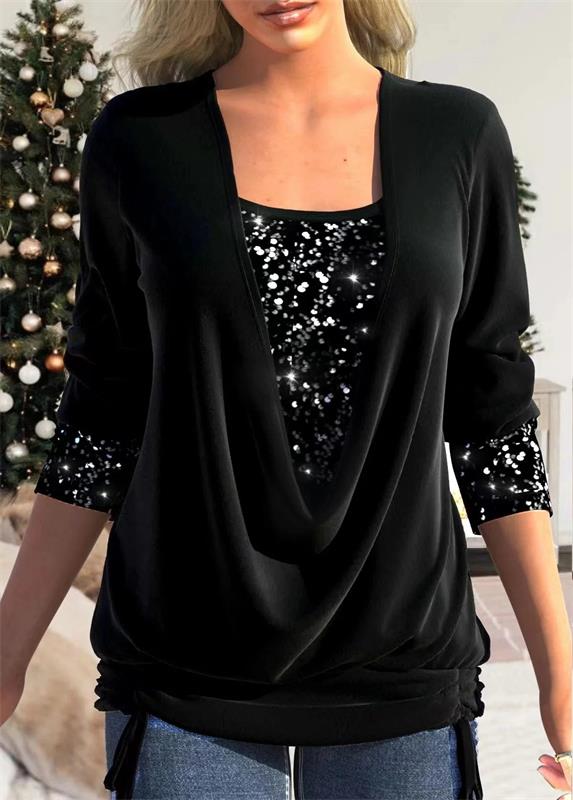 🎁Christmas discount 50% OFF🎄Sequin Loose Smocked Fake Two-Piece Top