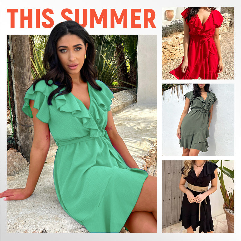 Women's Elegant Waist Tie V-Neck Ruffle Dress