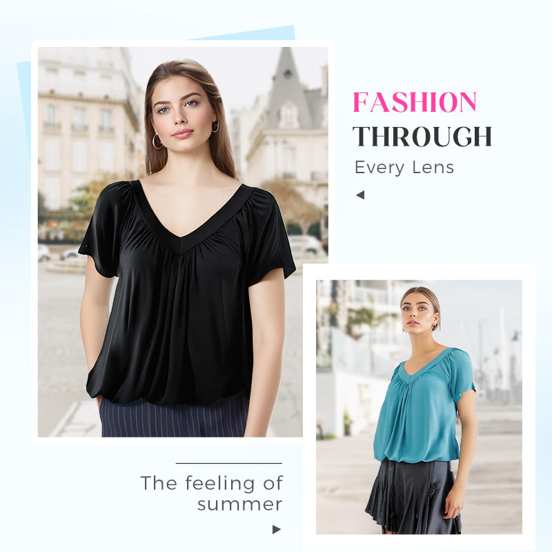 🎉Buy 2, get extra 10% off!-Women's Casual Pleated V-Neck Short-Sleeve Top