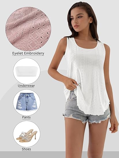 🔥Hot Sale 50% OFF💥Buy 2 Get 10% Off🔥Womens Tank Tops Sleeveless EyeletEmbroidery Scoop Neck Loose Fit Casual SummerFlowy