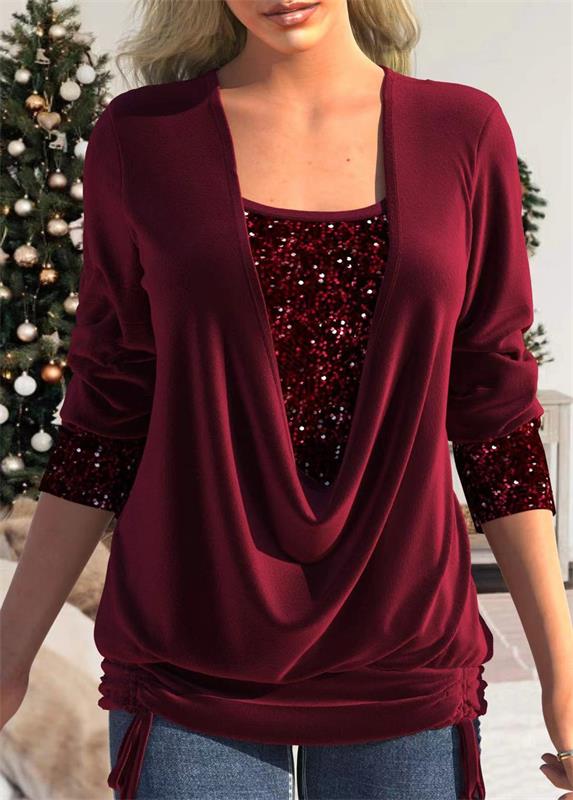 🎁Christmas discount 50% OFF🎄Sequin Loose Smocked Fake Two-Piece Top