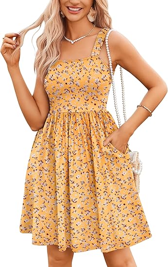 ⏰Hot Sale 49% Off💃Women's Summer Dresses Casual Square Neck Floral Sundress With Pockets
