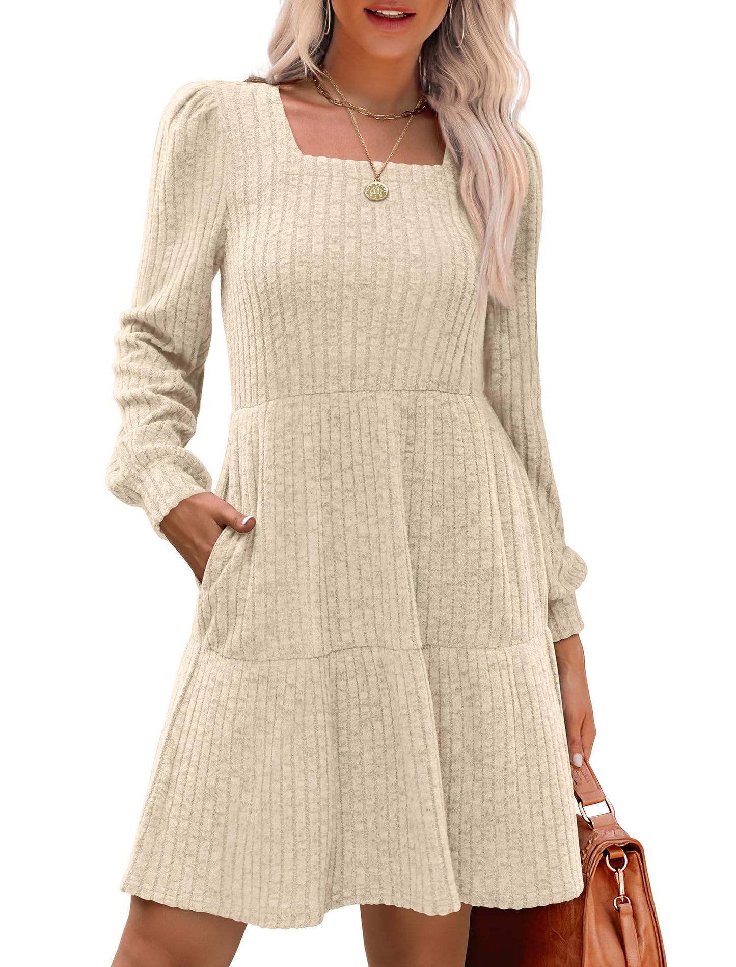 🍂2025 Autumn New Style 50% OFF⏰Women's Square Neck Lantern Sleeve Ribbed Dress