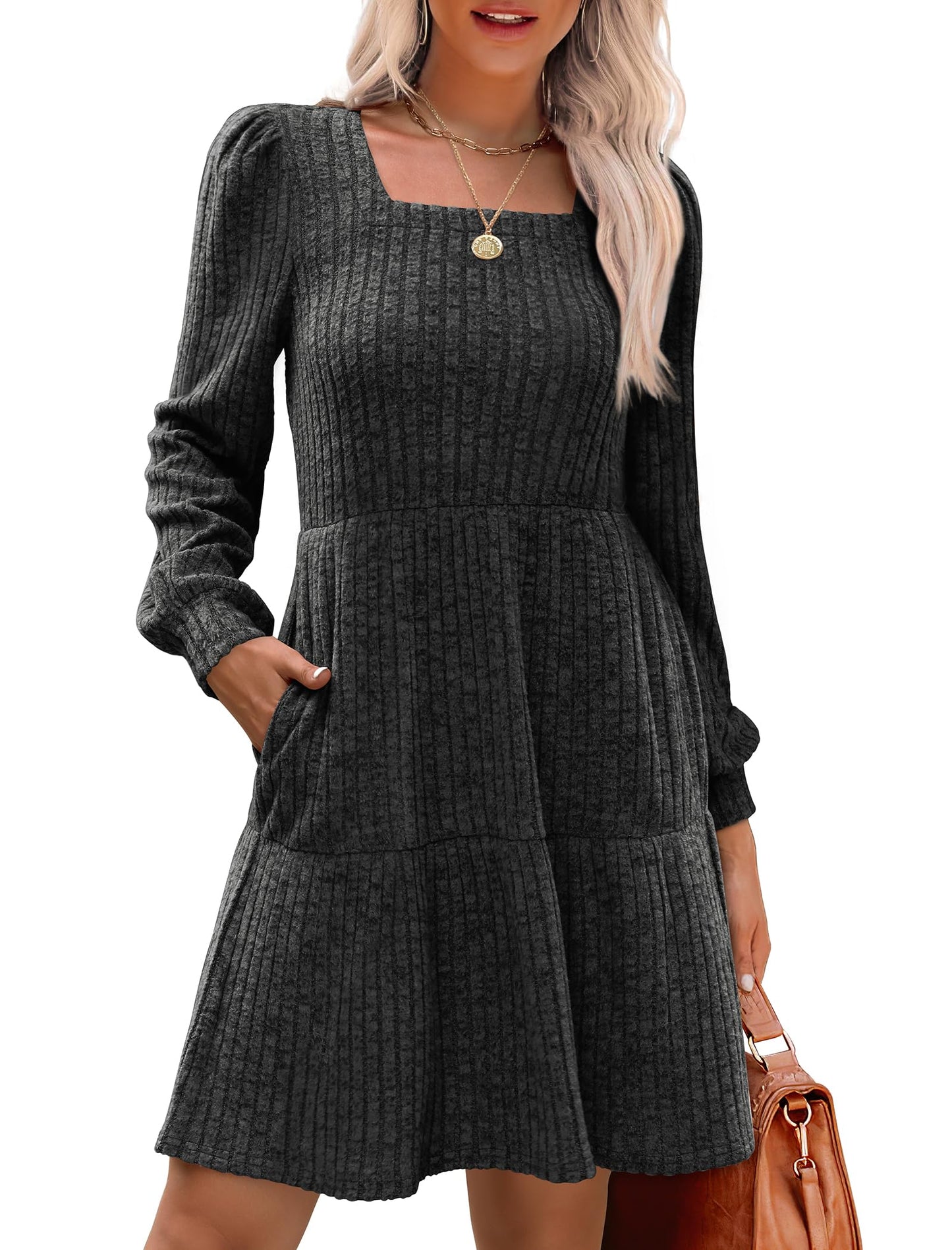 🍂2025 Autumn New Style 50% OFF⏰Women's Square Neck Lantern Sleeve Ribbed Dress