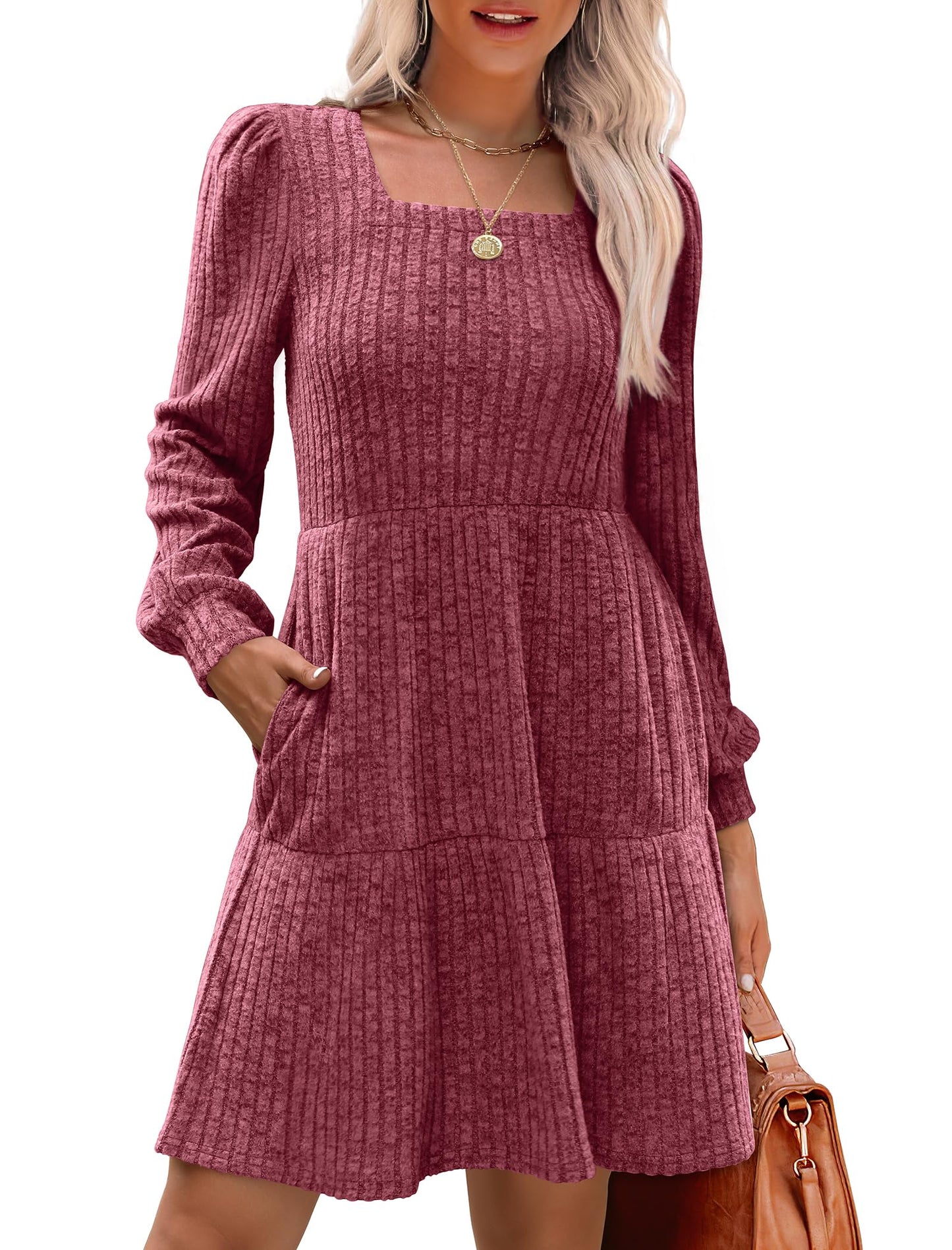 🍂2025 Autumn New Style 50% OFF⏰Women's Square Neck Lantern Sleeve Ribbed Dress