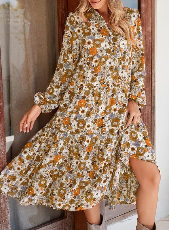 🌸Spring Specials💐 Women's Long Sleeve V Neck Bohemian Midi Dress
