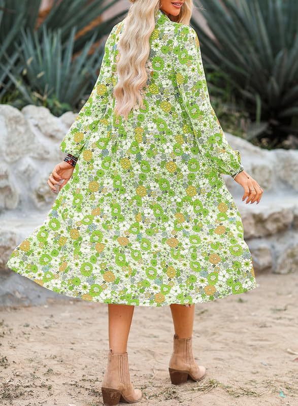 🌸Spring Specials💐 Women's Long Sleeve V Neck Bohemian Midi Dress