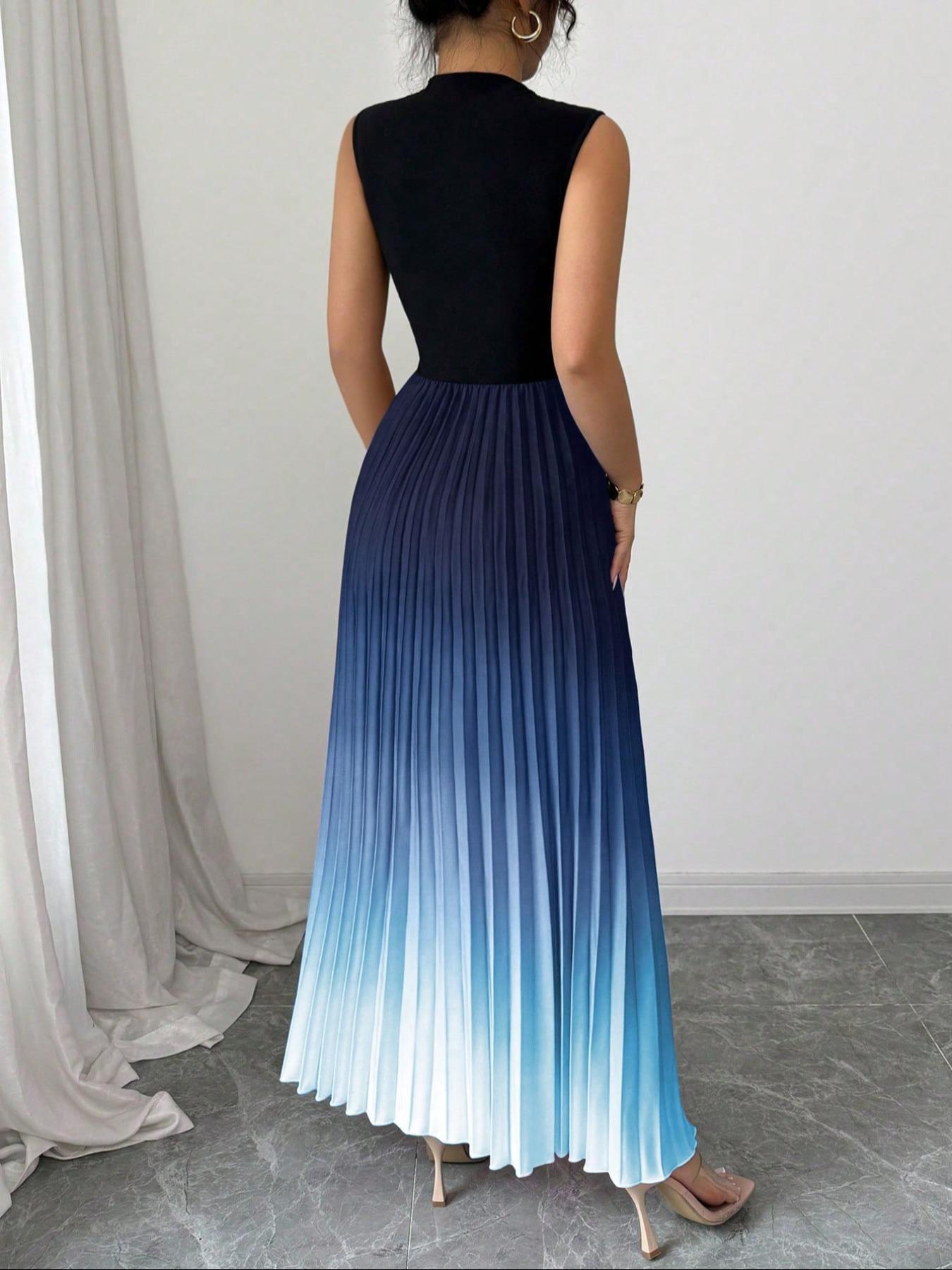 ⏳LAST DAY SALE 50% OFF💕 Ombre Pleated Sleeveless Mock Neck Maxi Dress