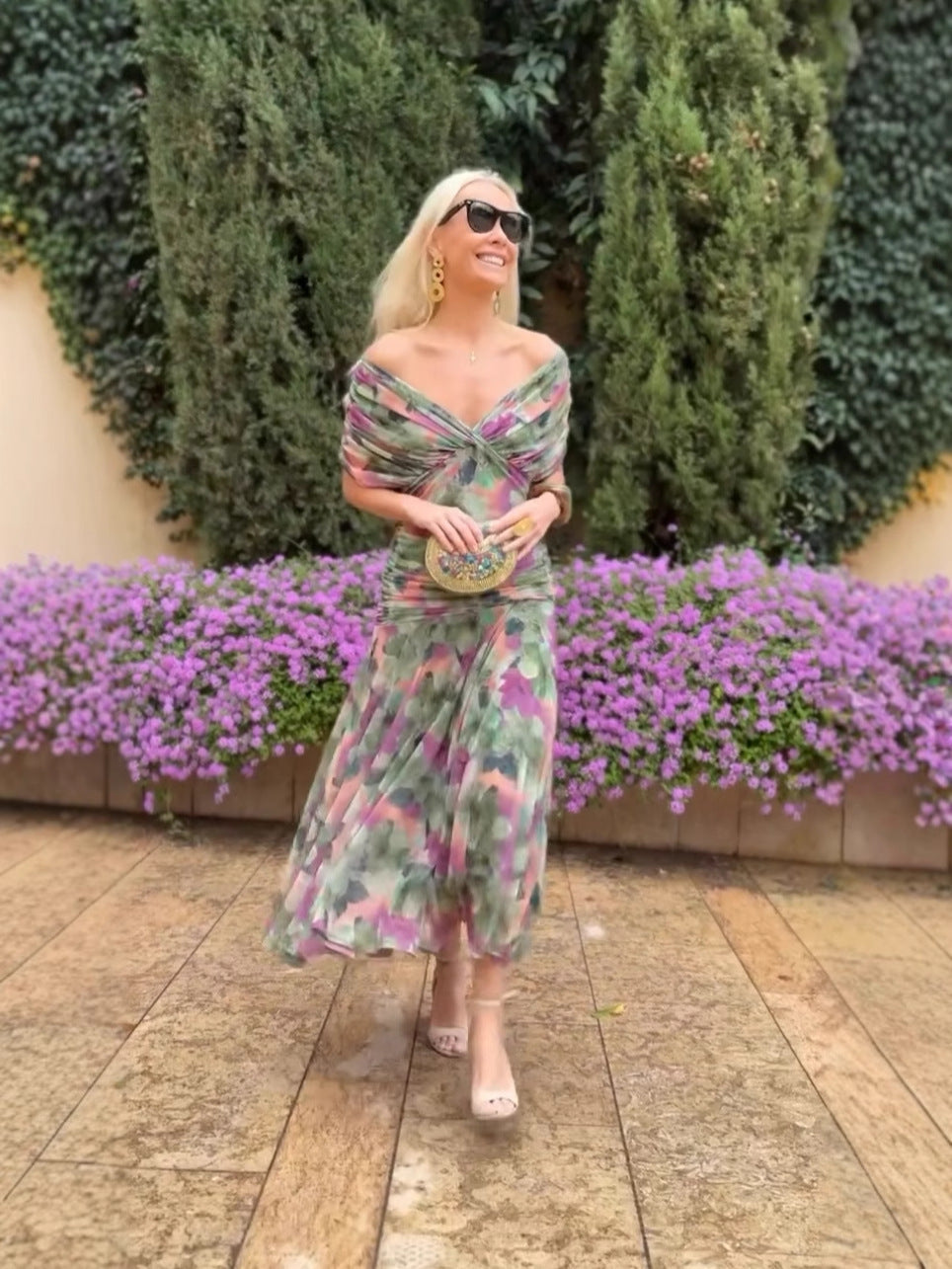 Women's Off-the-shoulder V-neck Printed Dress