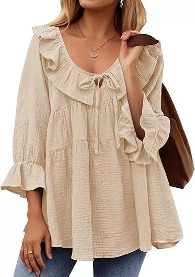 Women's 3/4 Sleeve Tie Front Ruffle Tiered Shirts