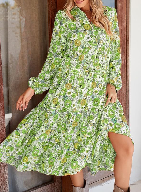 🌸Spring Specials💐 Women's Long Sleeve V Neck Bohemian Midi Dress
