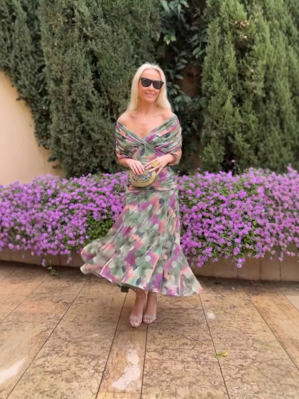 Women's Off-the-shoulder V-neck Printed Dress