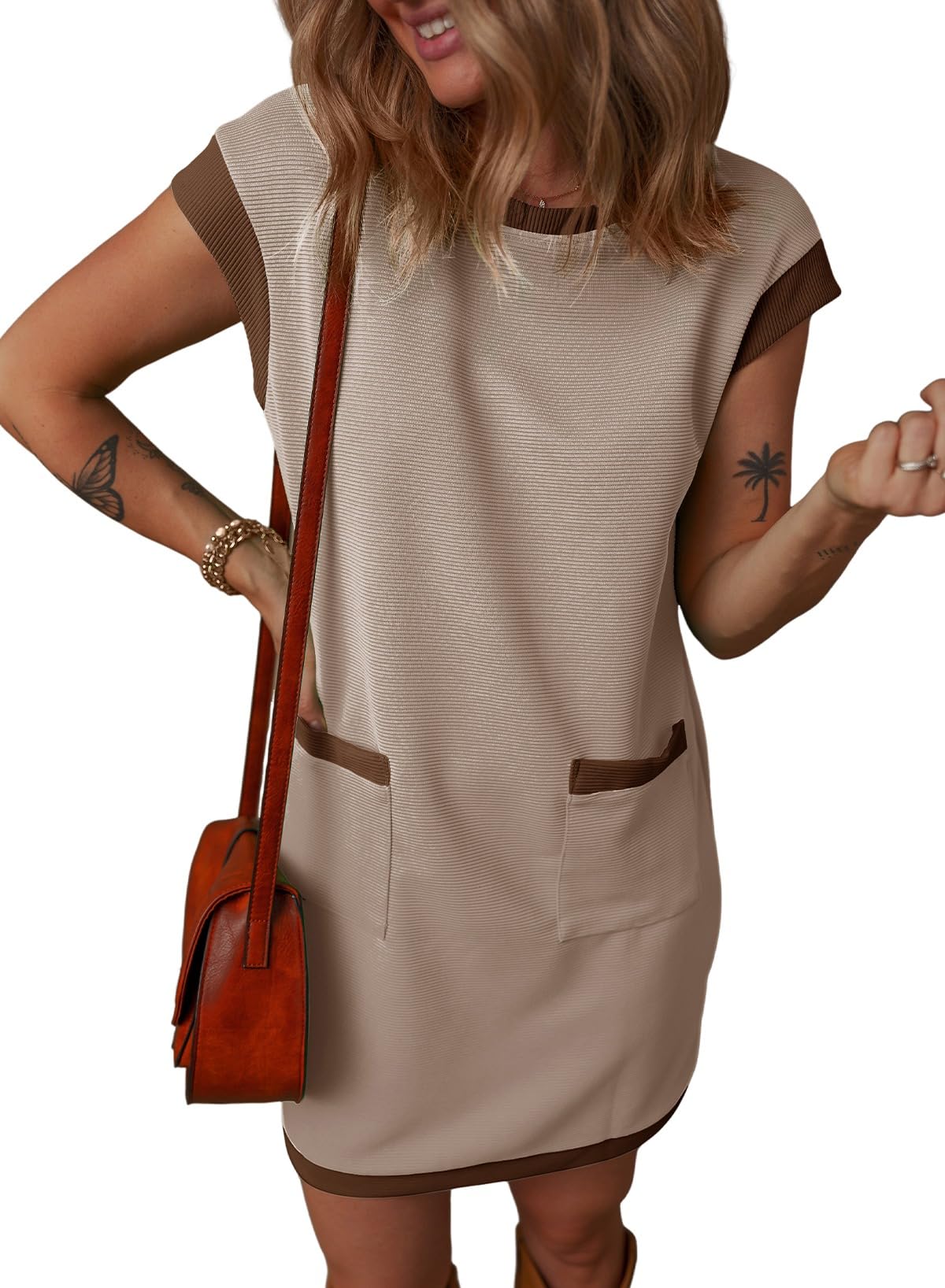 😍LAST DAY SALE 50% OFF💥2025 New Women's Casual Cap Sleeve Color Block Shift Tshirt Dress With Pockets(buy 2 free shipping)