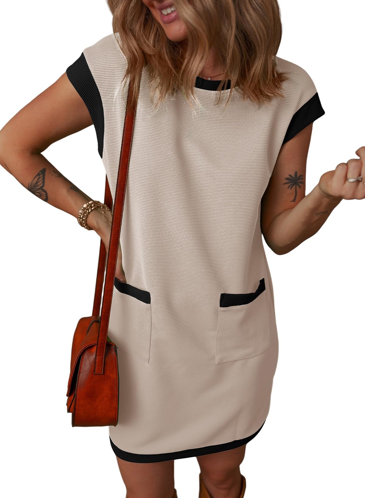 😍LAST DAY SALE 50% OFF💥2025 New Women's Casual Cap Sleeve Color Block Shift Tshirt Dress With Pockets(buy 2 free shipping)