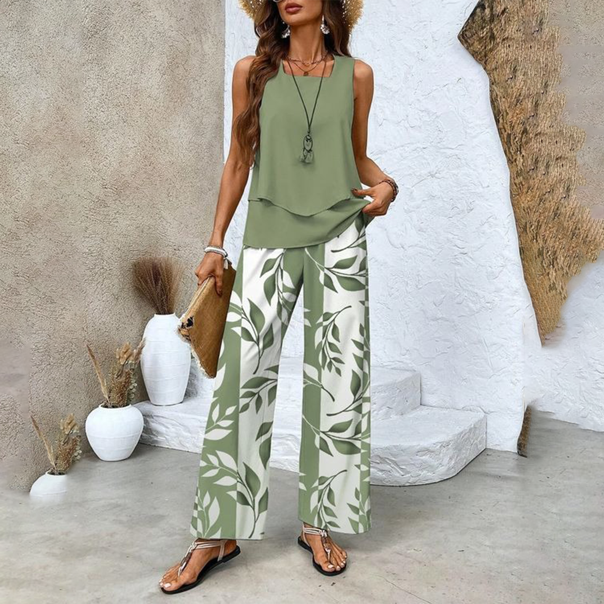 🔥 Hot Sale 49% OFF! 🌺 Women’s Trendy Print 2-Piece Outfit – Sleeveless Top & Pants Combo!"