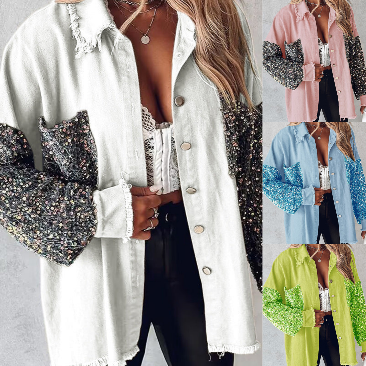 🔥Hot Sale 49% OFF⏳Women's Trendy Sequin Patchwork Coat with Raw Hem