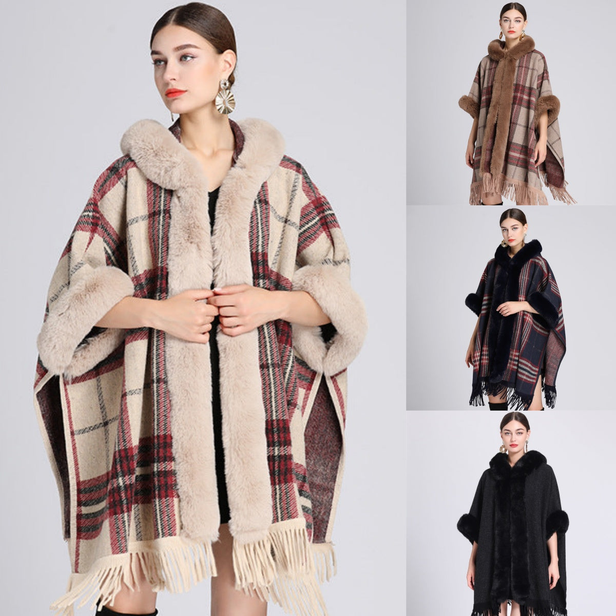 🎅Christmas Offer: 50% Off-Faux rabbit fur collar hooded cape