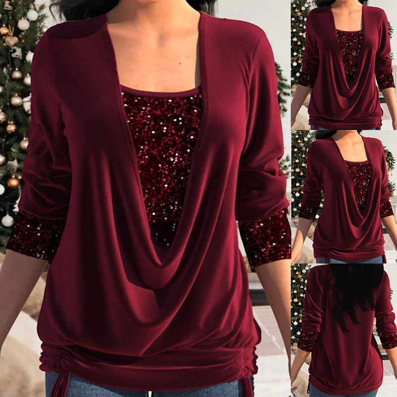 🎁Christmas discount 50% OFF🎄Sequin Loose Smocked Fake Two-Piece Top