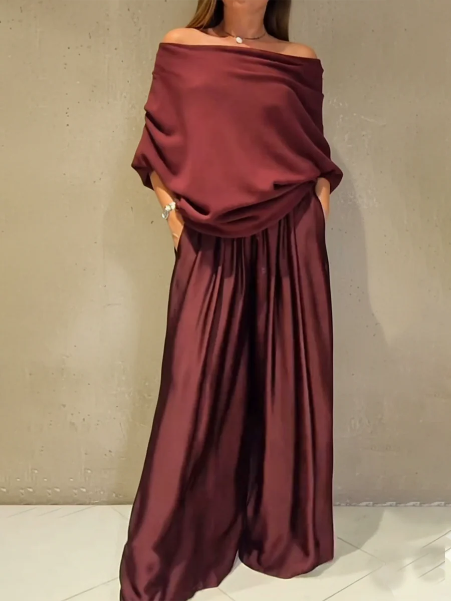 🔥Limited-time offer-Elegant Off-shoulder Sweater and Satin Wide-leg Pants Two-piece Suit
