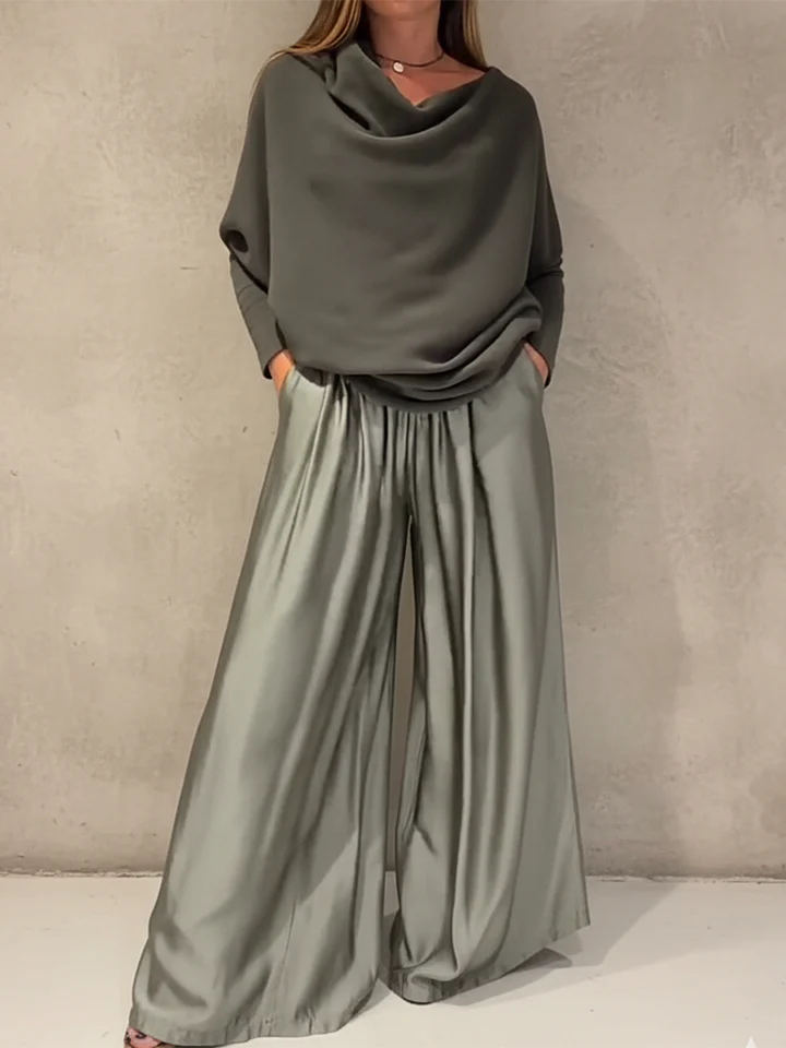 🔥Limited-time offer-Elegant Off-shoulder Sweater and Satin Wide-leg Pants Two-piece Suit