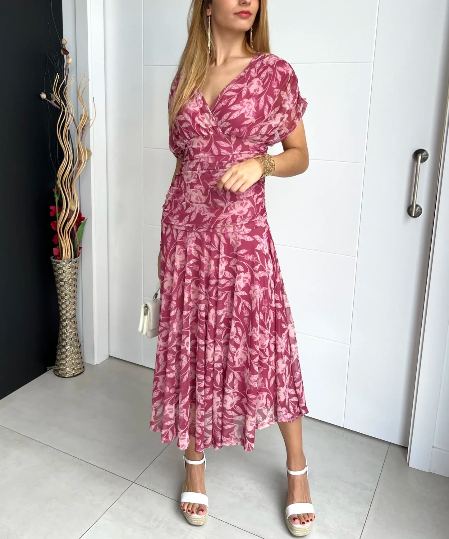 Women's Off-the-shoulder V-neck Printed Dress