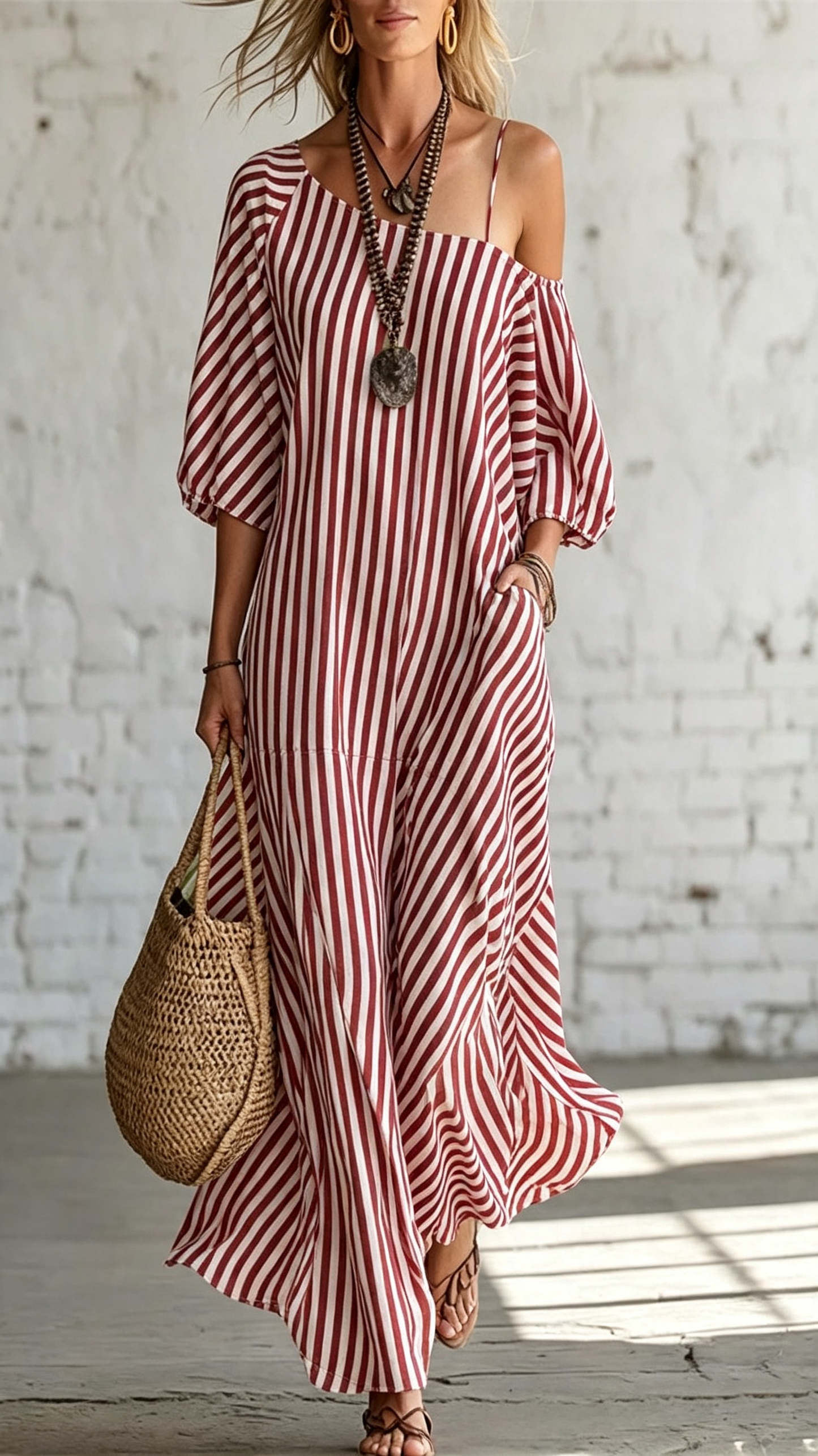 Women's One-Shoulder Striped Maxi Dress