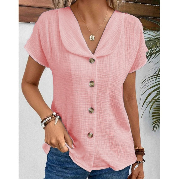Women's Solid Color Button Down Lapel Short Sleeve Top