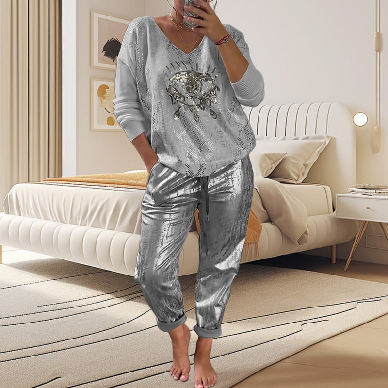 💝Devil's Eye Gold Foil Top and Sequin Pants Set