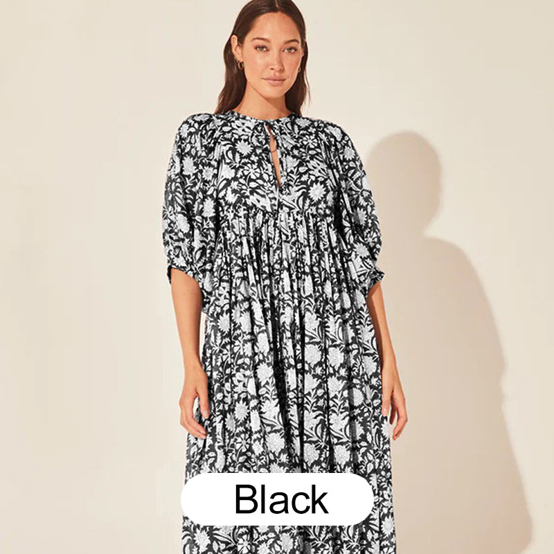 Women's Vintage Floral Pleated Half Sleeve Flowy Dress