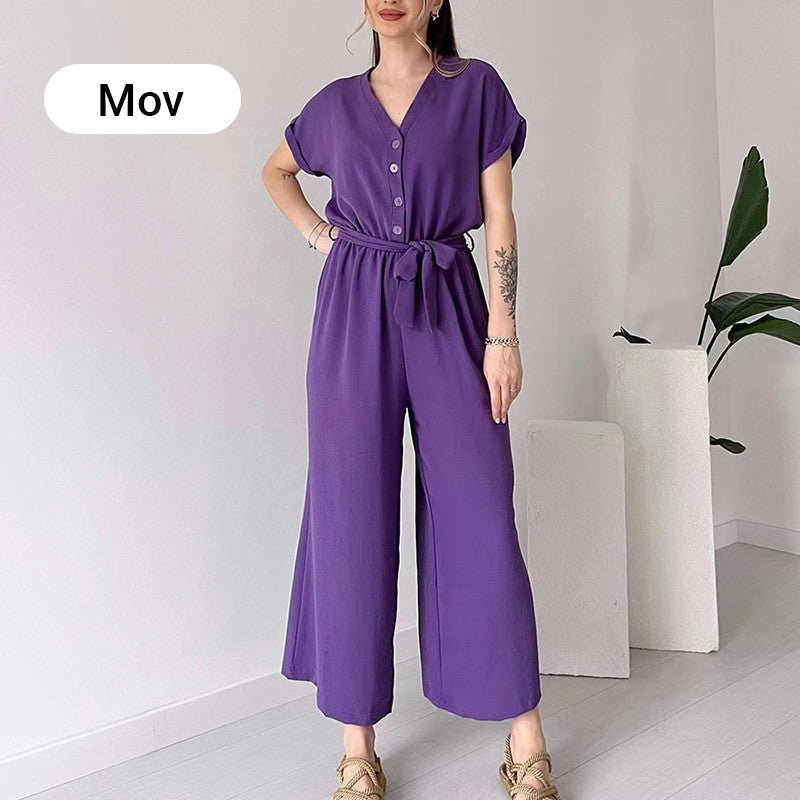 💖 Women's V-Neck Short-Sleeve Casual Jumpsuit