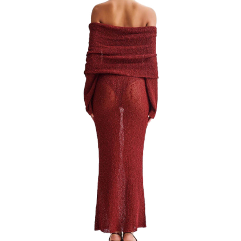 Open Shoulder Long-Sleeve Knit Bodycon Dress