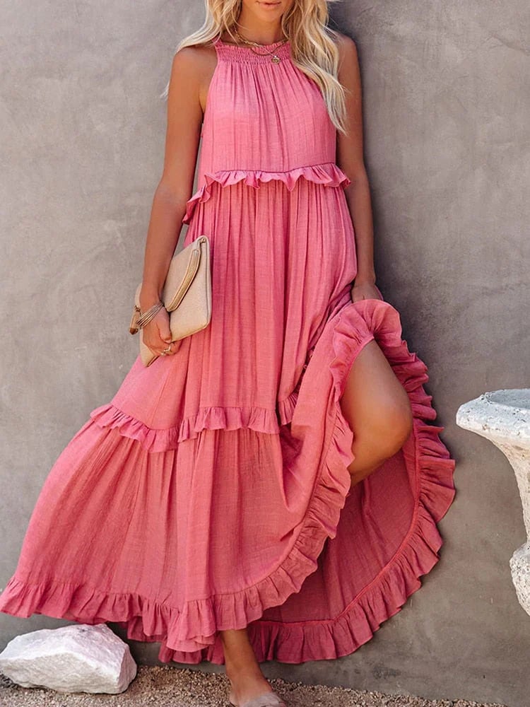Women's Summer Casual Sleeveless Strappy Backless flounces Dress