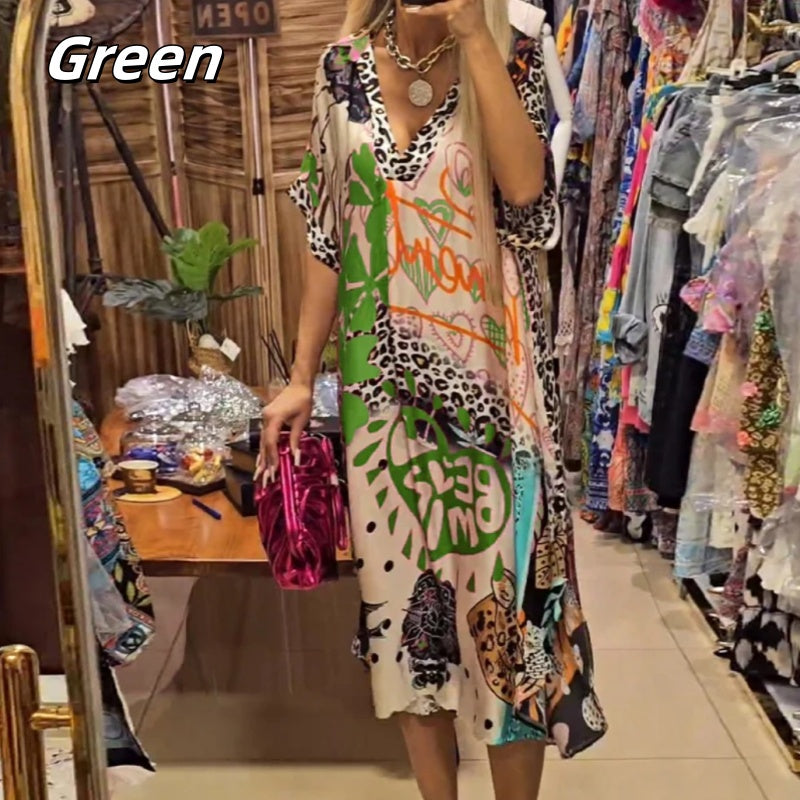 🎉2025 New Products Hot Sale✨Women’s Deep V-Neck Short Sleeve Printed Dress