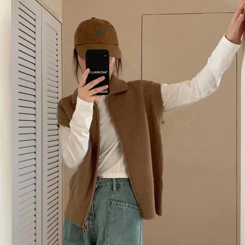 Women's Lapel Collar Zipper Sweater Vest
