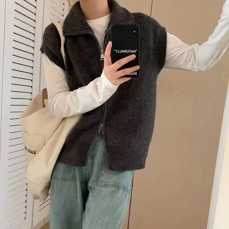 Women's Lapel Collar Zipper Sweater Vest