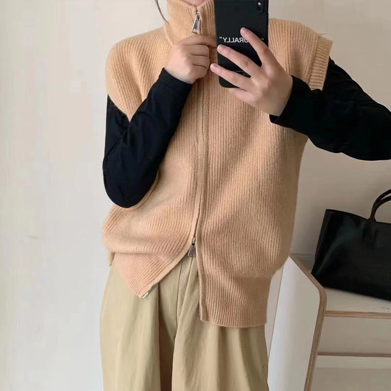 Women's Lapel Collar Zipper Sweater Vest