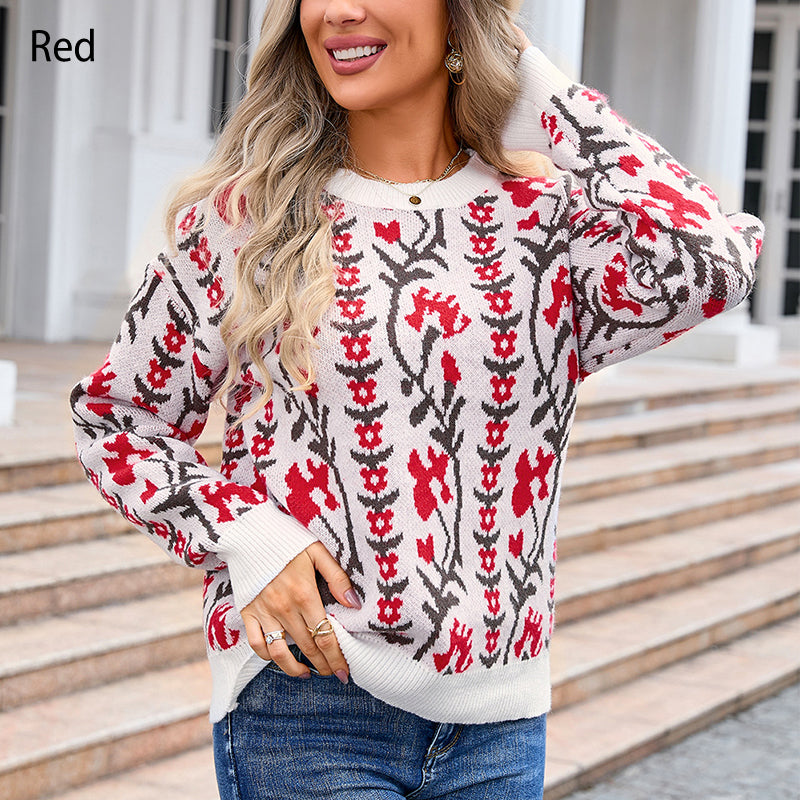 Women's Floral Knit Sweater with Crew Neck & Long Sleeves