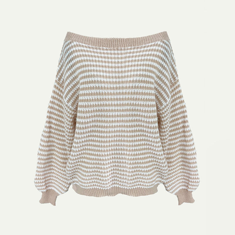 Women's Loose-Fit Off-Shoulder Striped Knit Sweater