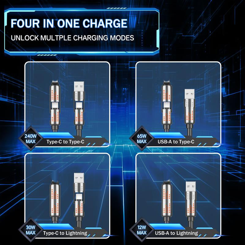 ⚡All-New Upgrade-4-in-1 Fast Charging Data Cable with Breathing Light