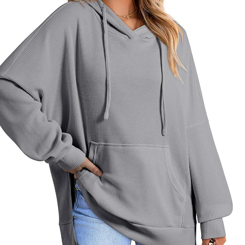 Women's Casual Long Sleeve Waffle Knit Hoodie with Side Slits